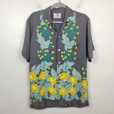 Vintage 40s 50s Duke Kahanamoku Champion Rayon Hawaiian Shirt Mens Medium Gray - Image 1 of 4