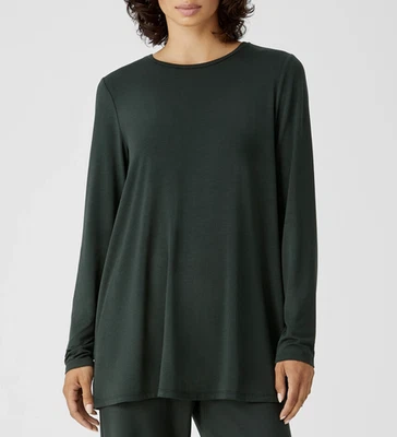 Eileen Fisher Women's Ivy Green Fine Jersey Crew Neck Long Length Top Sz L - Image 1 of 4