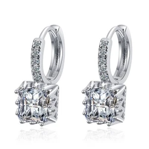 18K WHITE GOLD SQUARE COLOR CRYSTAL HOOP HINGED EARRINGS XMAS GIFT AU - Picture 1 of 15