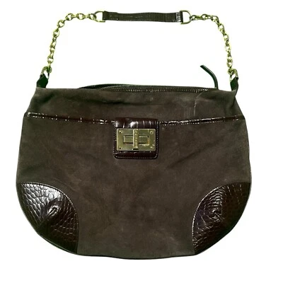 Bolso de Cuero Ralph Lauren con Asa de Cadena, Cartera de Gamuza Marrón con Cremallera Foto 1 de 4