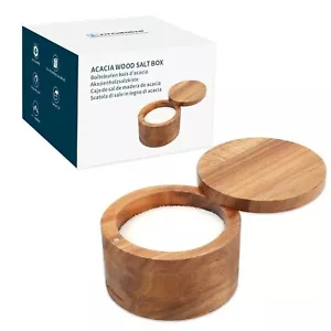Acacia Wood Salt Cellar Bowl Box Elegant Kitchen Salt Container Holder With Swiv - Picture 1 of 7