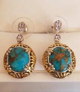 MOJAVE BLUE TURQUOISE 9.42 CT, TANZANITE EARRINGS, 14K GLD, PLATINUM OVER SILVER - Picture 1 of 4