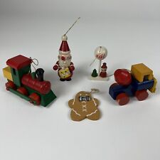 Lot Of 5 Vtg Wooden Christmas Ornaments Trains Santa Hand Painted Holiday Toys