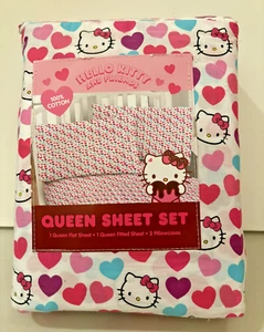 Hello Kitty Multicolored Hearts Queen Sheet Set 100% Cotton. NEW! - Picture 1 of 4