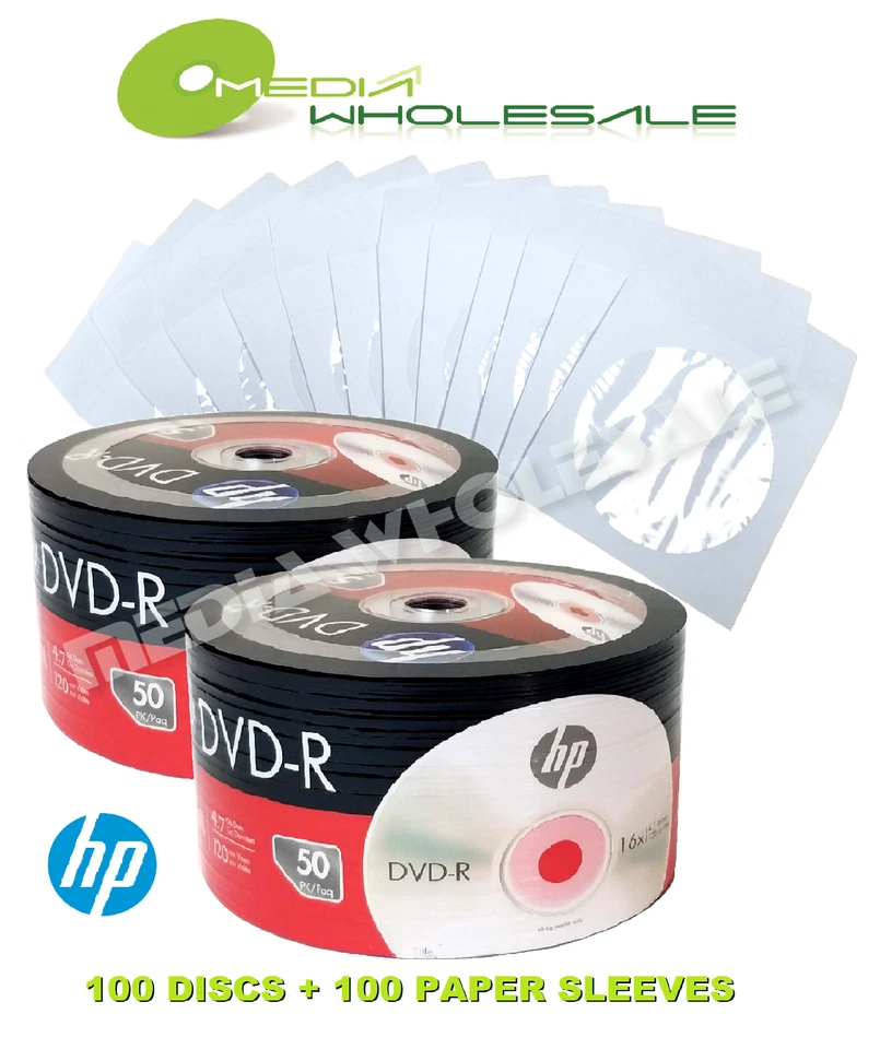 100 HP Blank 16X DVD-R Logo Branded 4.7GB  Disc +100 PREMIUM White Paper Sleeves - Image 1 of 4