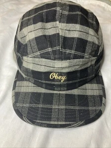 Obey 5-Panel Adjustable Strap-Back Buckle Grey Plaid Flannel Hat Embroidered  - Picture 1 of 5