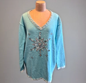 Quacker Factory Blue Sequin Embroidered Snowflake Sweater Size 2X - Picture 1 of 10