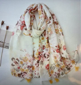 New Women’s Beautiful Long Floral Scarf/Wrap/Shawl~White/Multicolored~Polyester - Picture 1 of 2