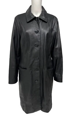 Charles Klein Mujer Cuero Negro Coche Abrigo Largo Cuello Botón Talla L Foto 1 de 4
