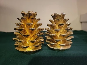 Candle Stick Holders Pair Godinger Silver Art Co Pine Cone 3.5" Tall Gold Tone - Picture 1 of 4