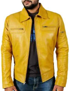 Genuine Lambskin Handmade Stylish Casual Motorcycle Men's Yellow Leather Jacket - Picture 1 of 5