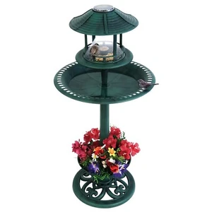 Bird Bath & Feeder With Solar Power Light Garden Ornamental Birds Table Station