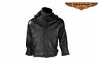 Men's Motorcycle Black Hooded Leather Fur Jacket with Zippered Front Closure