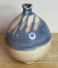 Studio Art Pottery Small Blue Glaze Round Vessel, Bud Vase, Signed