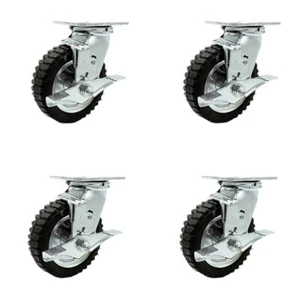 6 Inch Black Pneumatic Wheel Swivel Casters with Brakes and Bolt Swivel Lock Set - Picture 1 of 5