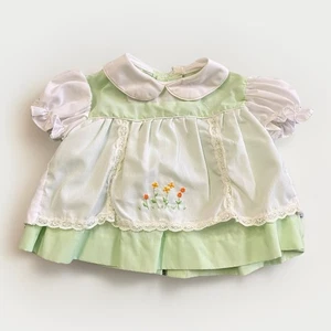 Vintage Embroidered Floral Dress Puff Short Sleeve Lace Trim Button 0-3 Month - Picture 1 of 4