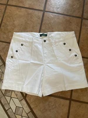 Lauren Ralph Lauren white cotton, button accents, high-waisted, preppy shorts - Image 1 of 4