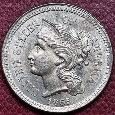 1865 Three Cent Piece 3c Nickel High Grade UNC Uncirculated Details #96660 - Image 1 of 2