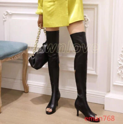 Botas altas de tacón de gatito por encima de la rodilla hasta el muslo para mujer sandalias peep toe talla Foto 1 de 4