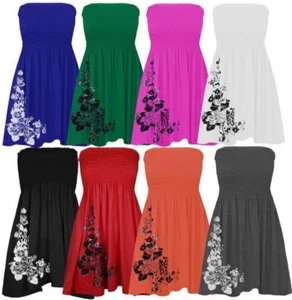 Womens Sheering Boob Tube Gather Bandeau Top Summer Mini Dress Floral UK 8-18 - Picture 1 of 12
