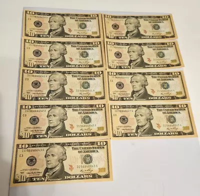 Lot of 9 $10 Dollar Bills Series 2006 Federal Reserve Consecutive Notes Crisp - Image 1 of 3