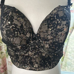 Cacique 44DD Cami Longline Bra Black Sequined Gold Lace Underwire Sexy - Picture 1 of 14