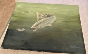 Pintura al óleo original de caza de peces grandes 9 X 12 pulgadas firmada Wayne Fulcher de colección - Imagen 1 de 7