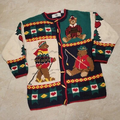 Design Options Womens S Small Bear  Skiing Fishing Bears Knit Cardigan Sweater - Image 1 of 4