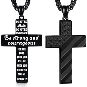 American Flag Patriotic Cross Necklace: Mens Stainless Steel Engraved Bible V... - Picture 1 of 8