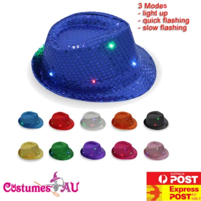 Mens LED Sequin Trilby Hat Light Up Flashing Jazz Ladies Dance Gangster Costume - image 1 of 4