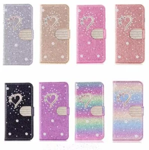 For iPhone 16 Pro Max 15 14 13 12 Bling Glitter Diamond Heart Wallet Case Cover - Picture 1 of 20