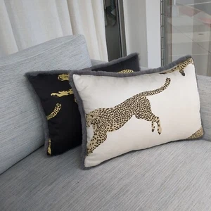 Leaping Cheetah Scalamandre Lumbar Accent Pillows Black and White Faux Fur Set - Picture 1 of 9