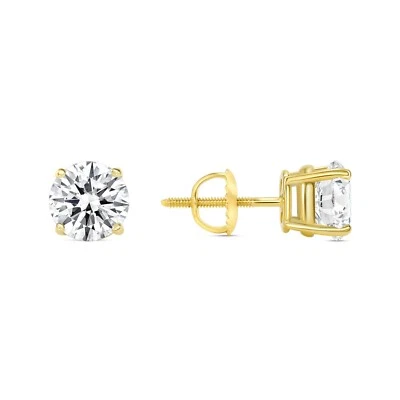 2 Ct Created Diamond Round Cut Real 14K Yellow Gold Stud Earrings Screw Back - Image 1 of 3