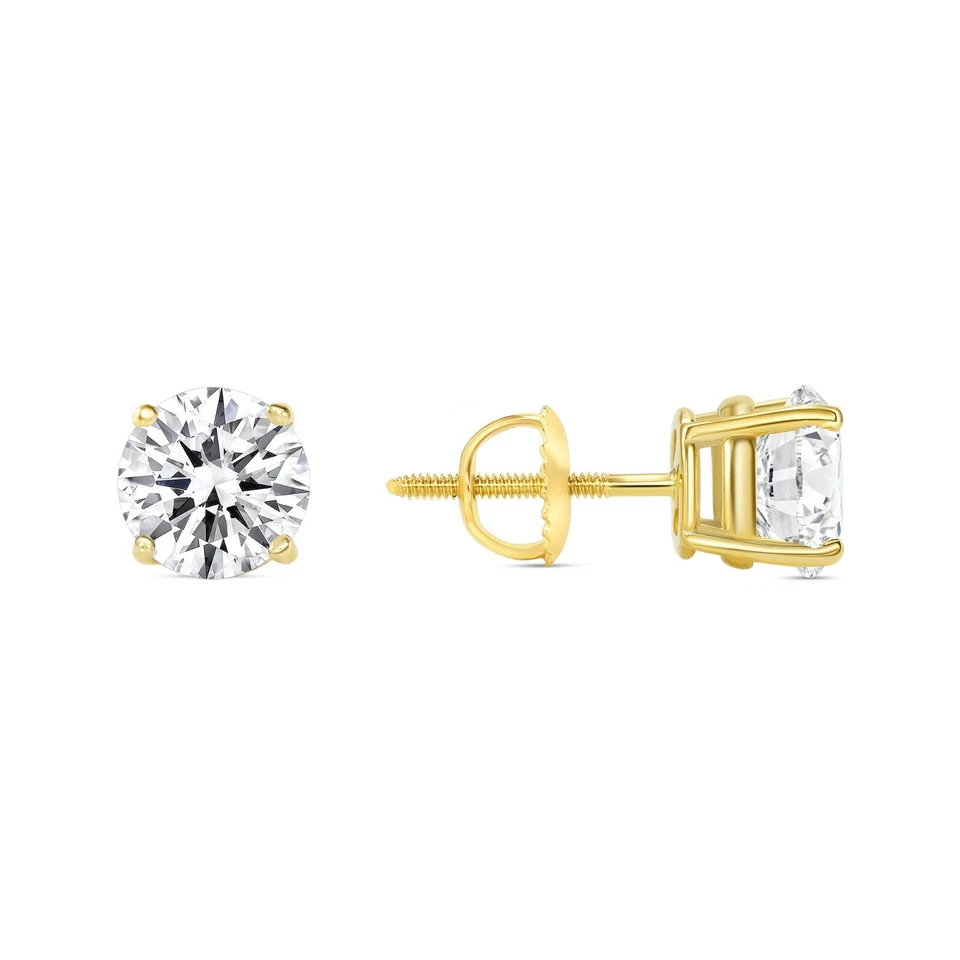 2 Ct Created Diamond Round Cut Real 14K Yellow Gold Stud Earrings Screw Back - Image 1 of 3