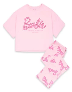 Conjunto de pijama de pierna larga manga corta estampado con logotipo rosa Barbie para mujer - Imagen 1 de 34