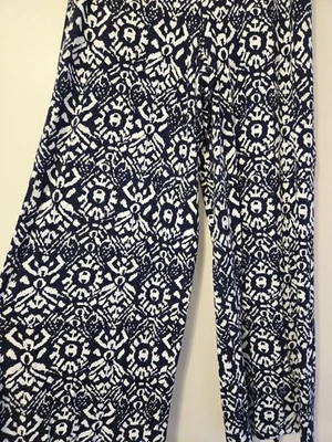 Lauren Ralph Lauren Sz L Cotton Wide Leg Floral Navy Drawstring Casual Work Pant - Image 1 of 4