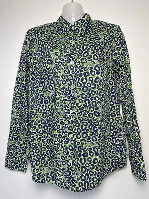 Женская сине-зеленая рубашка Lilly Pulitzer с леопардовым принтом на пуговицах спереди размер 8 сафари - Изображение 1 из 4