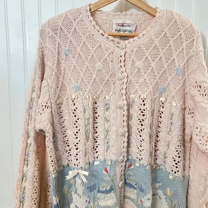 Cardigan maglione Talbots vintage lavorato a mano coniglietto coniglio rosa L fondo di magazzino nuovo con etichette - Foto 1 di 13