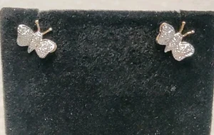 14K Gold Diamond Butterfly Stud Earrings Estate Vintage  - Picture 1 of 4