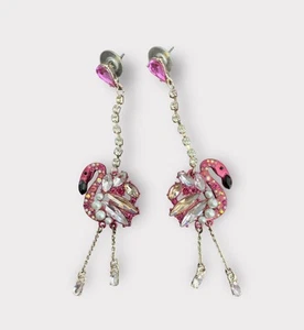 Betsey Johnson Pink Flamingo Rhinestone Dangle Earrings - Picture 1 of 5