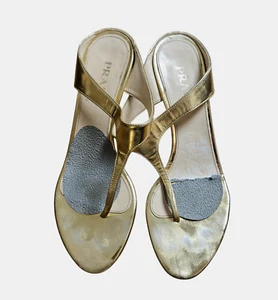 Prada Gold Patent Leather T-Strap Wedge Heels Womens 36 US 6 Party Designer - Picture 1 of 10