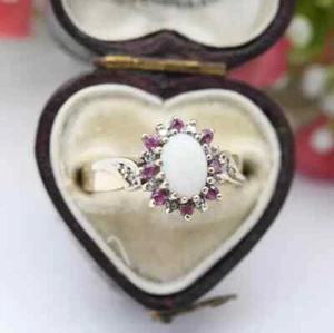 Vintage 9 kt Gold Opal Rubin Diamant Halo Ring 1995 - 1990er Edwardian Style - Bild 1 von 7