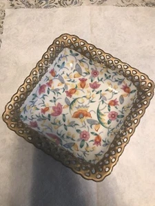 Vintage Germany Basket Weave Bowl Floral Gold Trim Square Reticulated Dish - Picture 1 of 6