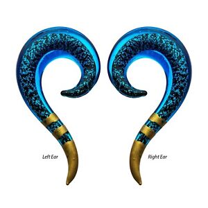 PAIR-Tapers Hangers Glass Glittered Blue w/Gold 12mm/1/2" Gauge Body Jewelry