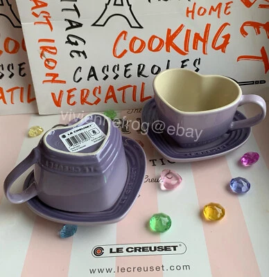 LE CREUSET BLUEBELL PURPLE PROVENCE SATIN CHIFFON PINK HEART MUGS CUPS W SAUCERS - Image 1 of 4