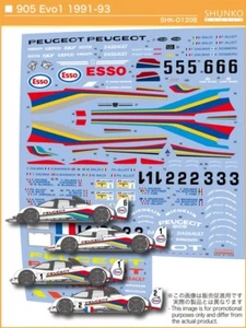 SHUNKO Decal Sheet 1:24 Scale Peugeot 905 Evo1 1991-93 SHK-D120B suit Heller kit - Picture 1 of 4