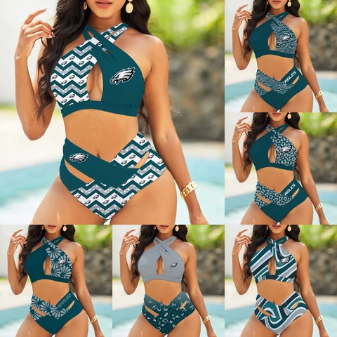 Philadelphia Eagles Womens 2PCS Front Cross Bikini Set High Waist Bathing Suit Cover