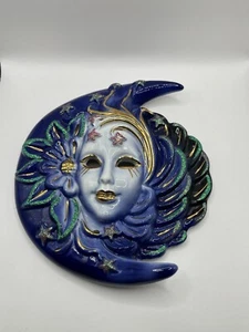Vintage Handmade Venetian Moon Goddess Mardi Gras Wall Mask Blue & Glitter - Picture 1 of 7
