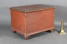 RARE 19TH C PA MINIATURE TABLE TOP BALL FOOT BLANKET CHEST IN ORIGINAL RED PAINT