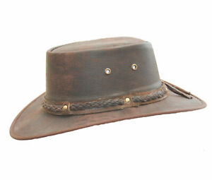 Real Distressed Leather Foldaway Crushable Australian-Style Bush Hat Brown